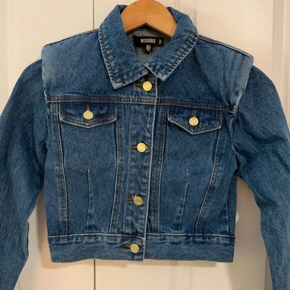 Missguided Denim Cropped Shoulder Pads Jacket Size 4 New - Picture 3 of 13